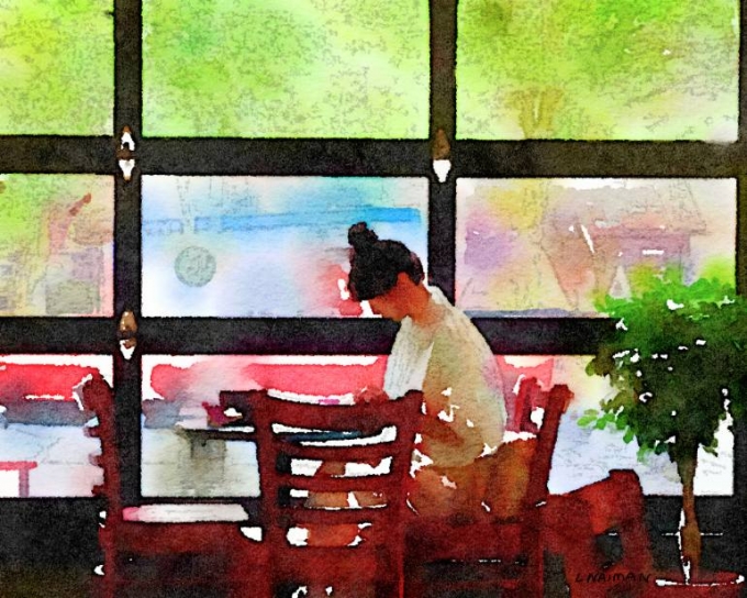 Woman in Cafe. Art by Linda Naiman