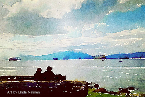 Couple at Kits Beach. © 2016 Digital watercolour by Linda Naiman